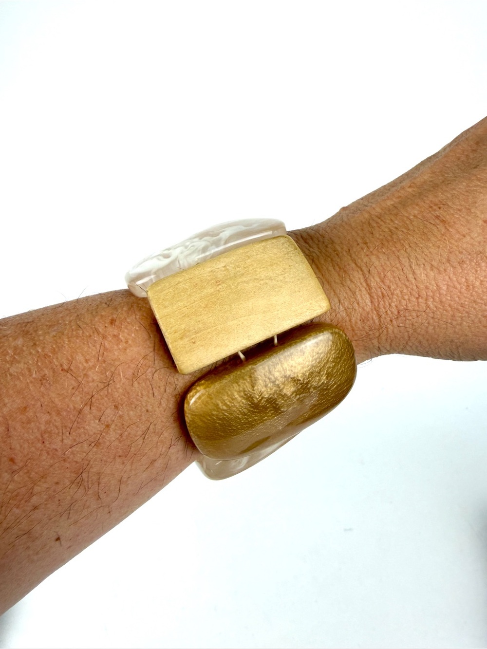Gold and Ivory Wood and Acrylic Statement Bracelet - Fashion Accessory